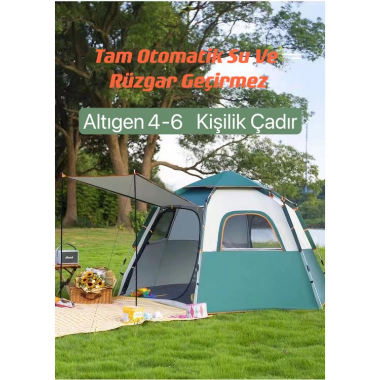 Tam Otomatik Su ve Rüzgar Geçirmez Gölgelikli Altıgen Çadır Aile Çadırı 280*240*155 cm