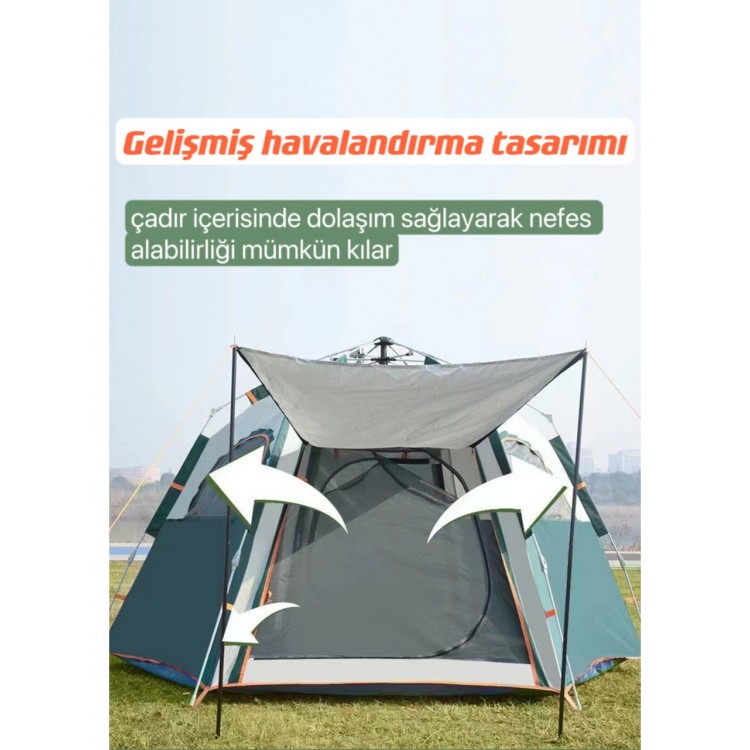 Tam Otomatik Su ve Rüzgar Geçirmez Gölgelikli Altıgen Çadır Aile Çadırı 280*240*155 cm