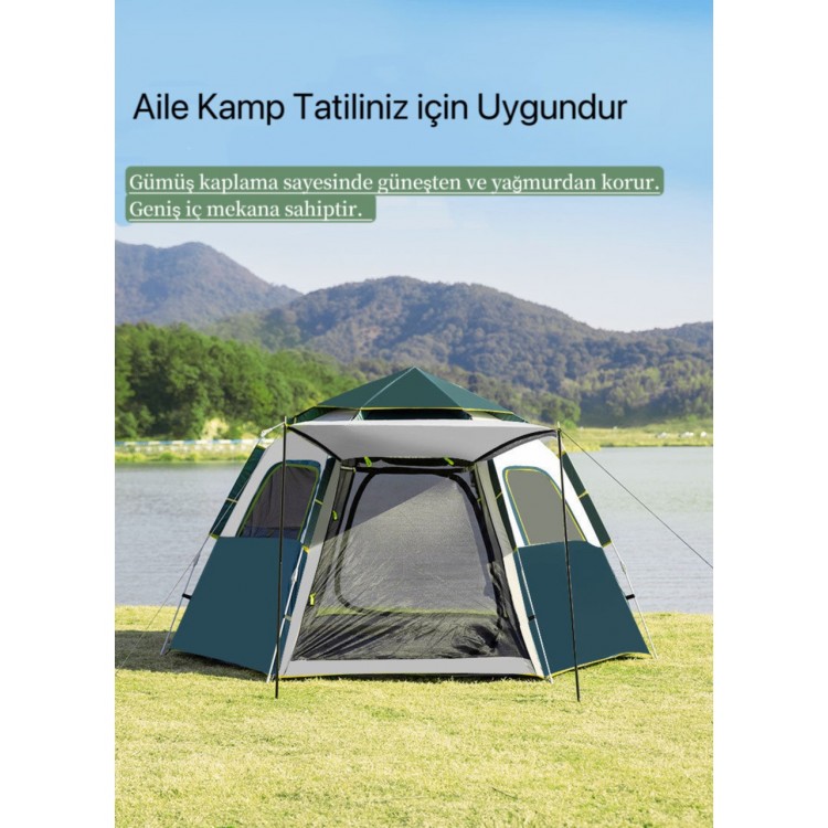 Tam Otomatik Su ve Rüzgar Geçirmez Gölgelikli Altıgen Çadır Aile Çadırı 280*240*155 cm