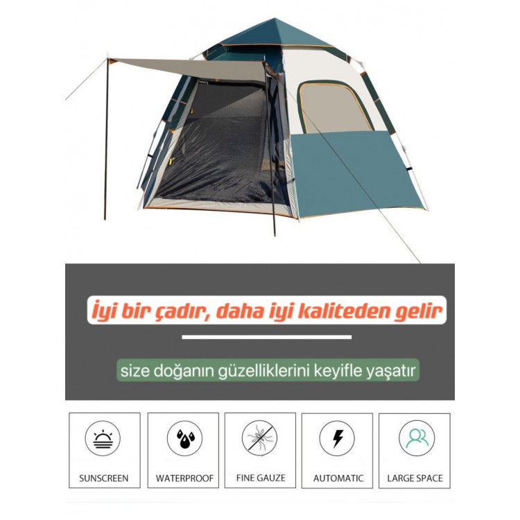 Tam Otomatik Su ve Rüzgar Geçirmez Gölgelikli Altıgen Çadır Aile Çadırı 280*240*155 cm
