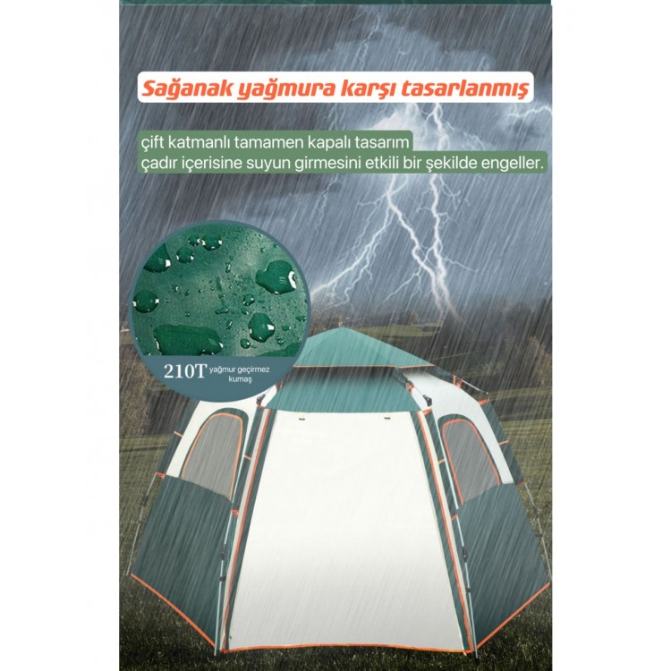 Tam Otomatik Su ve Rüzgar Geçirmez Gölgelikli Altıgen Çadır Aile Çadırı 280*240*155 cm