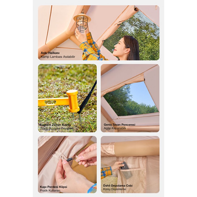 6 Kişilik 4 Mevsim Su Geçirmez Şişme Kamp Çadırı 210D Oxford Kumaş 8 M2 310x245x142 cm