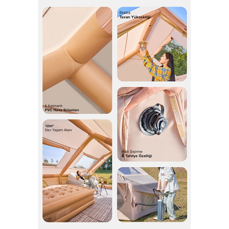 6 Kişilik 4 Mevsim Su Geçirmez Şişme Kamp Çadırı 210D Oxford Kumaş 8 M2 310x245x142 cm