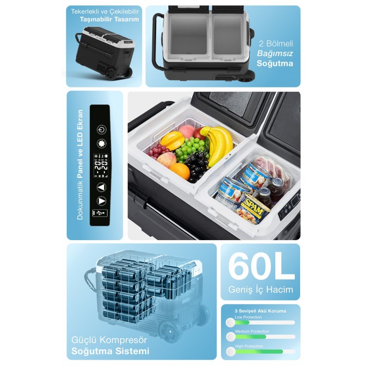 60 Litre Çift Bölmeli Taşınabilir Araç Buzdolabı