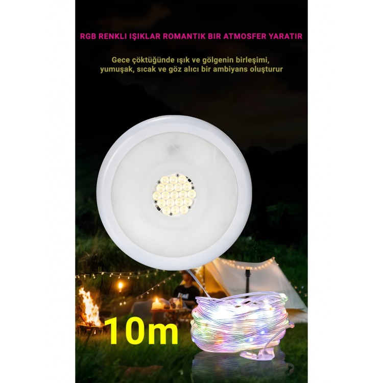 Güneş Enerjili Kamp Lambası | RGB Işıklı, 4500mAh Powerbank, 10m Işık Dizisi, Type-C Güneş Enerjili Kamp Lambası | RGB Işıklı, 4500mAh Powerbank, 10m Işık Dizisi, Type-C