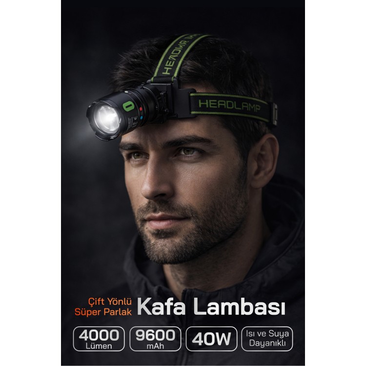 Profesyonel Kafa Lambası - 40W 4000 Lümen - 1.5 KM Menzil - 9600 mAh Profesyonel Kafa Lambası - 40W 4000 Lümen - 1.5 KM Menzil - 9600 mAh